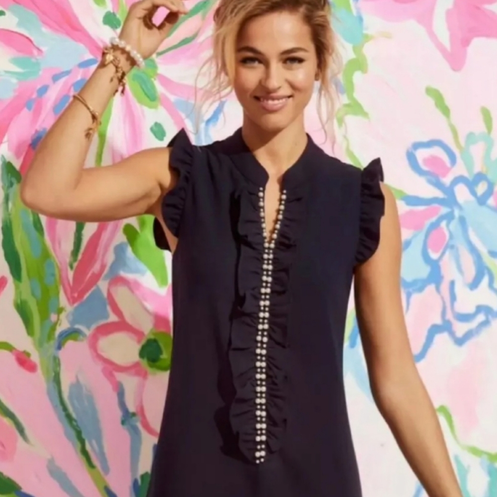 Lilly Pulitzer Adalee Shift Dress True Navy with Pearl details Sold out